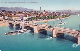 Basel Neue mittlere Rheinbrücke mit Rheindampfer 1909