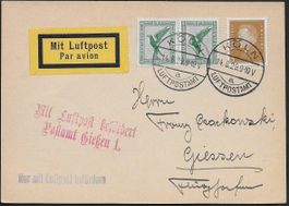 1929 Luftpost PK KÖLN - GIESSEN Mischfrankat. sauber  ab 1.-