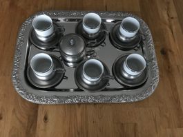 Set 6-teilig, Tassen, Unterteller & Halter aus Reinzinn
