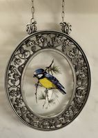 Vintage Fensterrahmen aus Zinn mit bemalten Vögeln, Etain