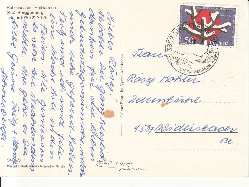 Cartoline postali: Ringgenberg Heilsarmee 1986 – Usato da Bürglen TG venduto da StampGraf 1