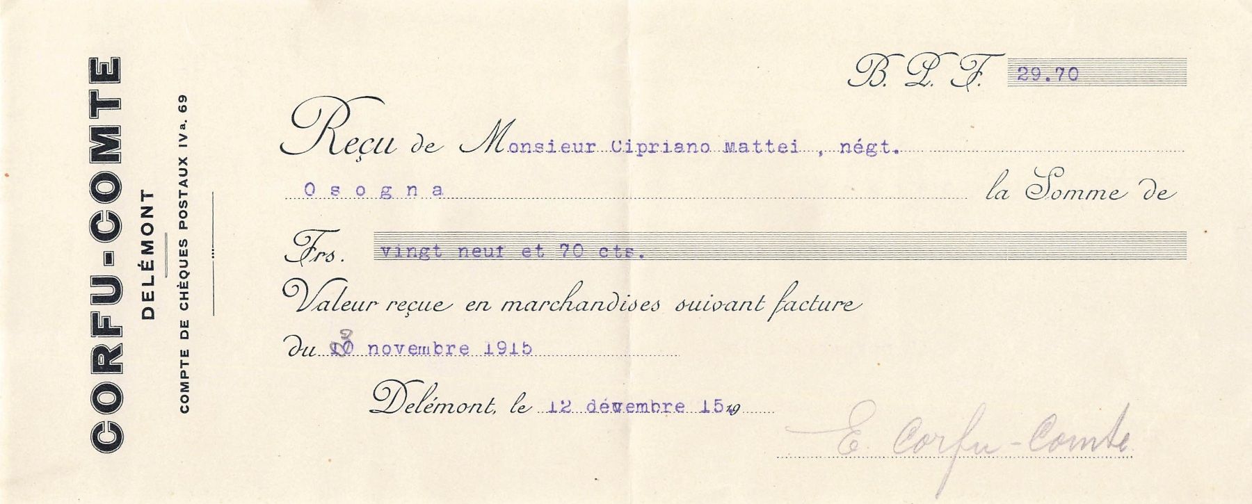 Cartoline postali: Corfu comte Delemont Kambiale cheques – Usato da Biasca venduto da Blenio71