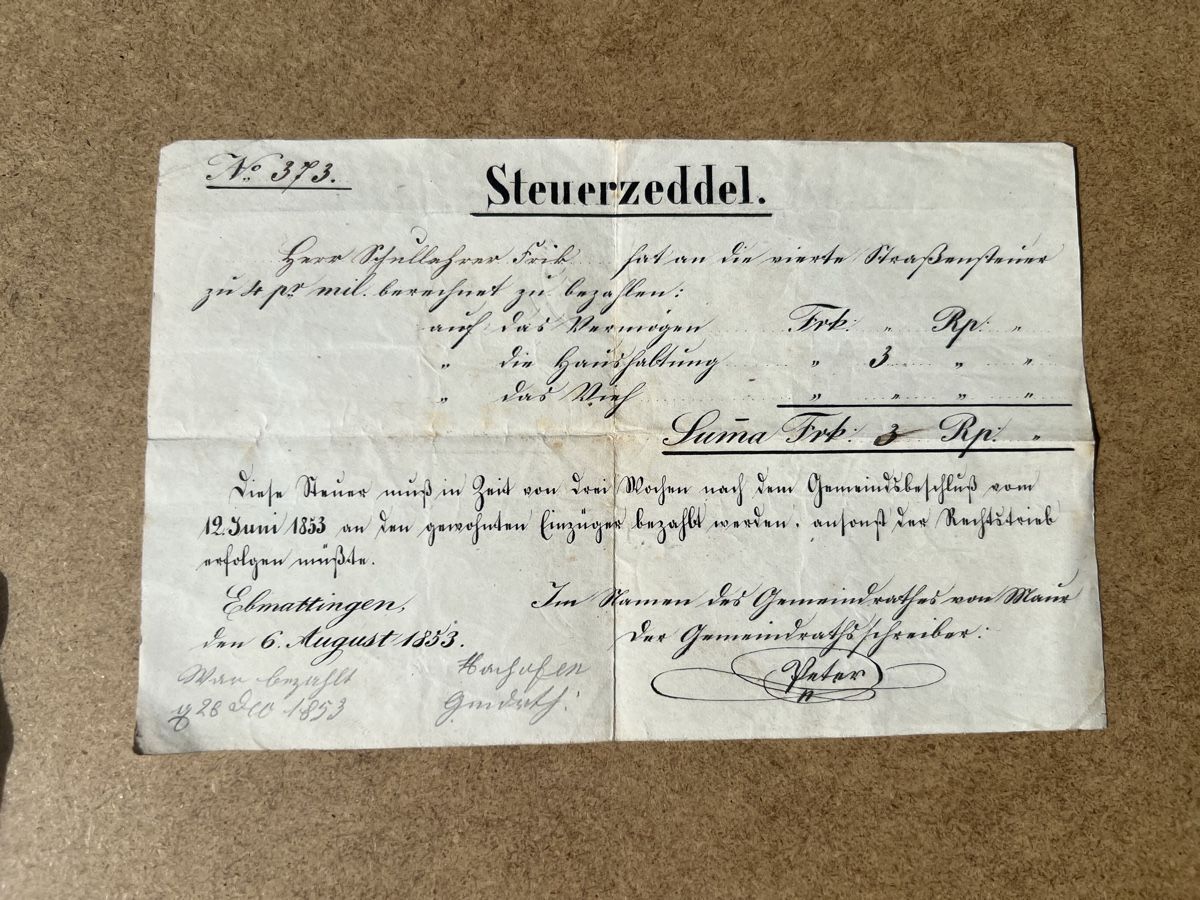 Documenti: Originaler Steuerzettel Ebmatingen 1853  – Usato da Gossau ZH venduto da SwissFinds7
