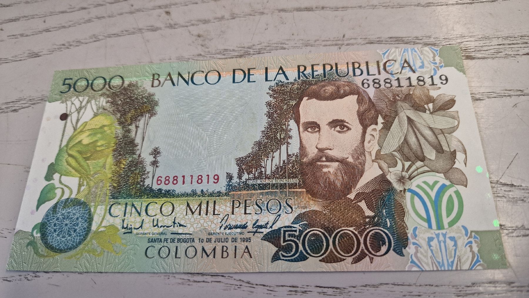 Banconote: Banknote 5000 Pesos Kolumbien 1995  – Nuovo e nell'imballaggio originale da Herisau venduto da Antiques.AR