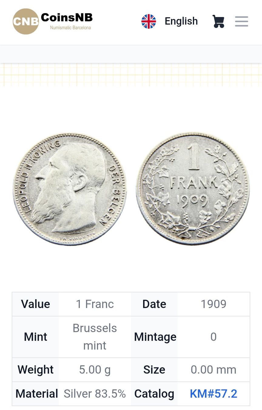 Tutti le monete: Belgien 1 Franc "Leopold II" 1909 Silber – Usato da Gordevio venduto da LadyTicino