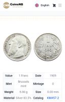 Belgien 1 Franc "Leopold II" 1909 Silber