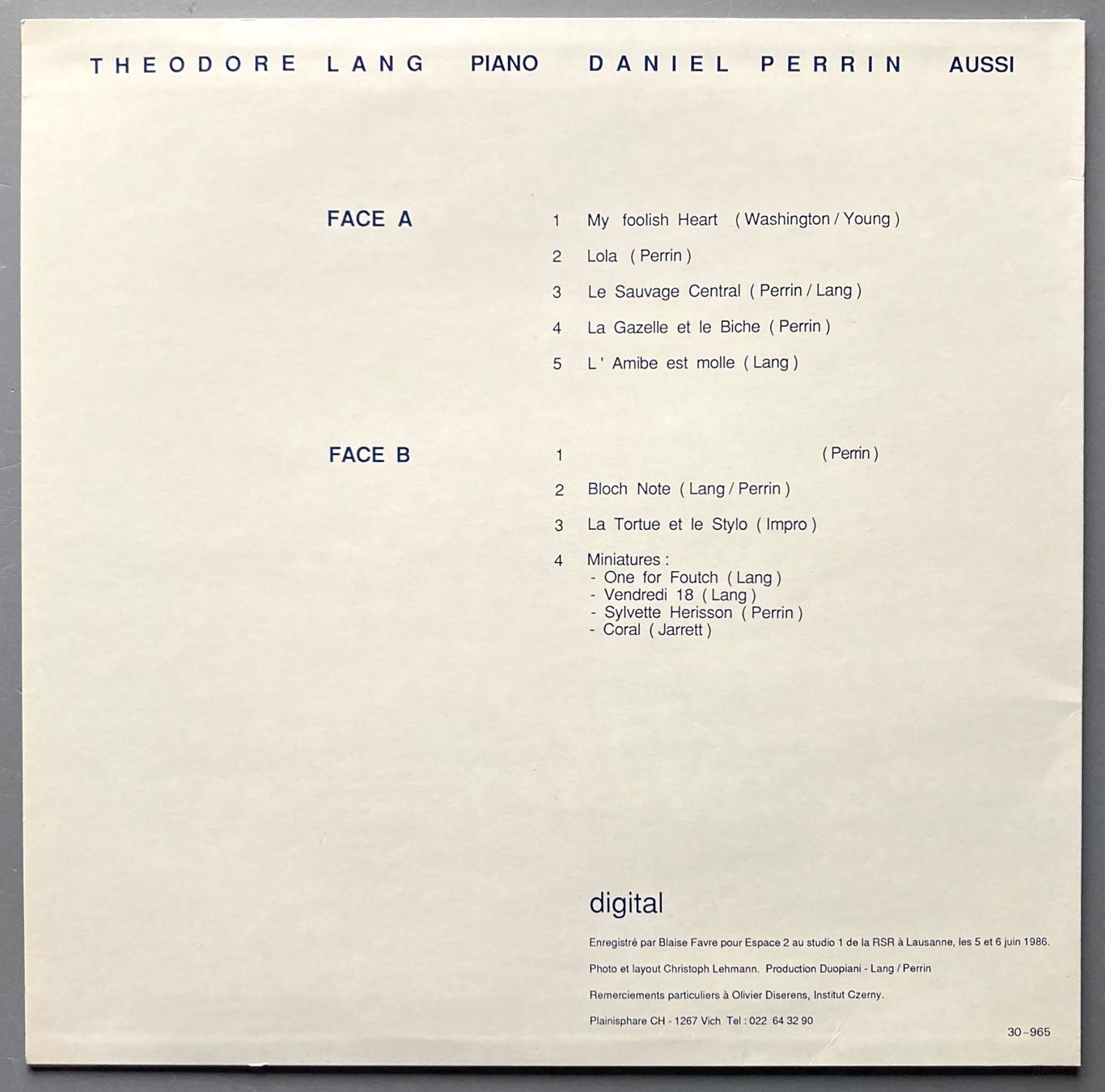 Vinyles: THEODORE LANG / DANIEL PERRIN - PIANO - AUSSI – D'occasion à Poliez-Pittet par Newtown-Records 1