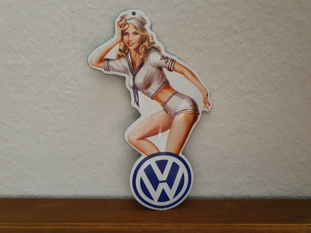 Emailschild VW Automobil Pin Up Girl Emaille Schild Reklame 1