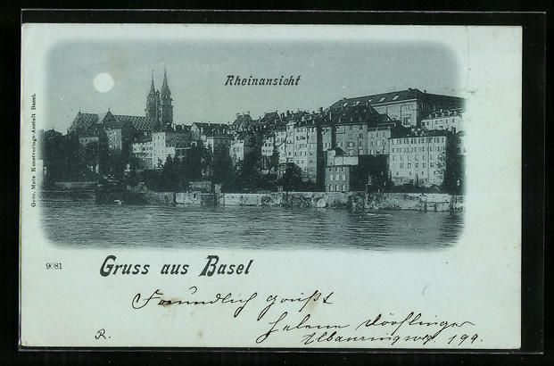 Ansichtskarten: Mondschein-AK Basel, Rheinansicht mit Ki – Gebraucht aus Berlin von bartko-reher