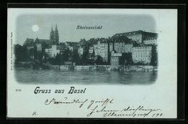 Mondschein-AK Basel, Rheinansicht mit Ki
