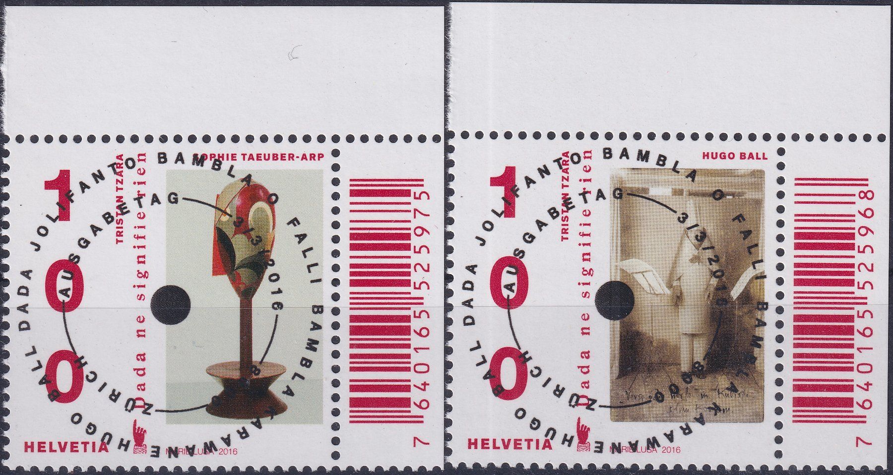 Tutti i francobolli: 2016, Nr.1583+1584 Dada mit Ersttags-Voll-Stempel +TABS – Usato da Sursee venduto da Luzernerraute