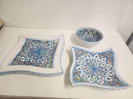 4 Keramik Schalen und Schüssel, blau weiss Muster Handarbeit