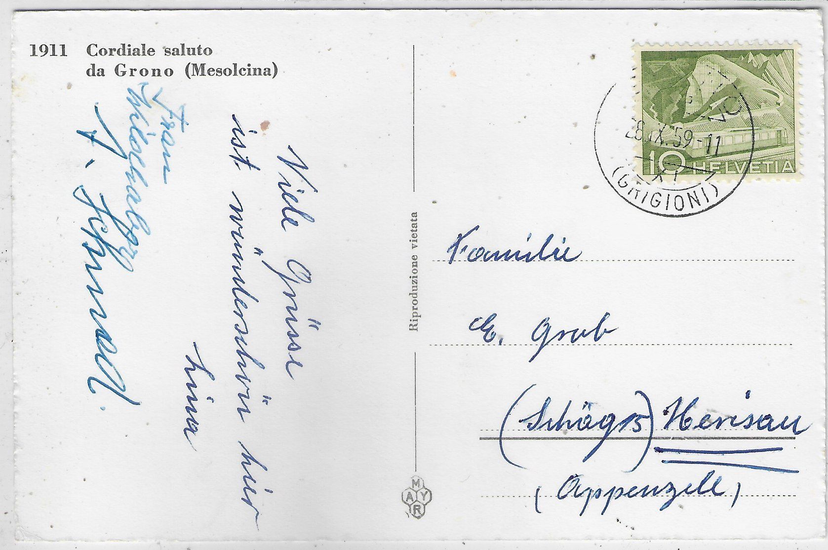 Cartoline postali: Cordiale saluto da Grono (Mesoleina) – Usato da Ettingen venduto da Kartenplanet 1