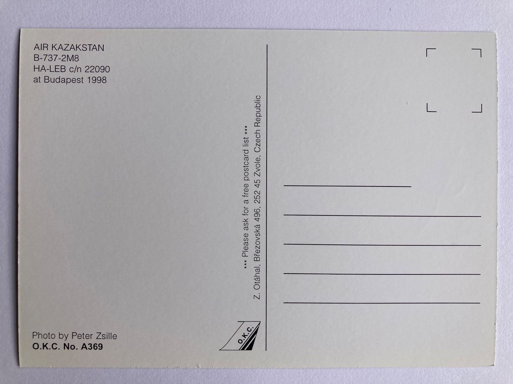 Cartoline postali: Postcard B-737-2-MB Air Kazakstan – Usato da Lugano venduto da sel_x7bg 1