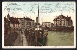 AK Rorschach, Dampfer im Hafen, 1907