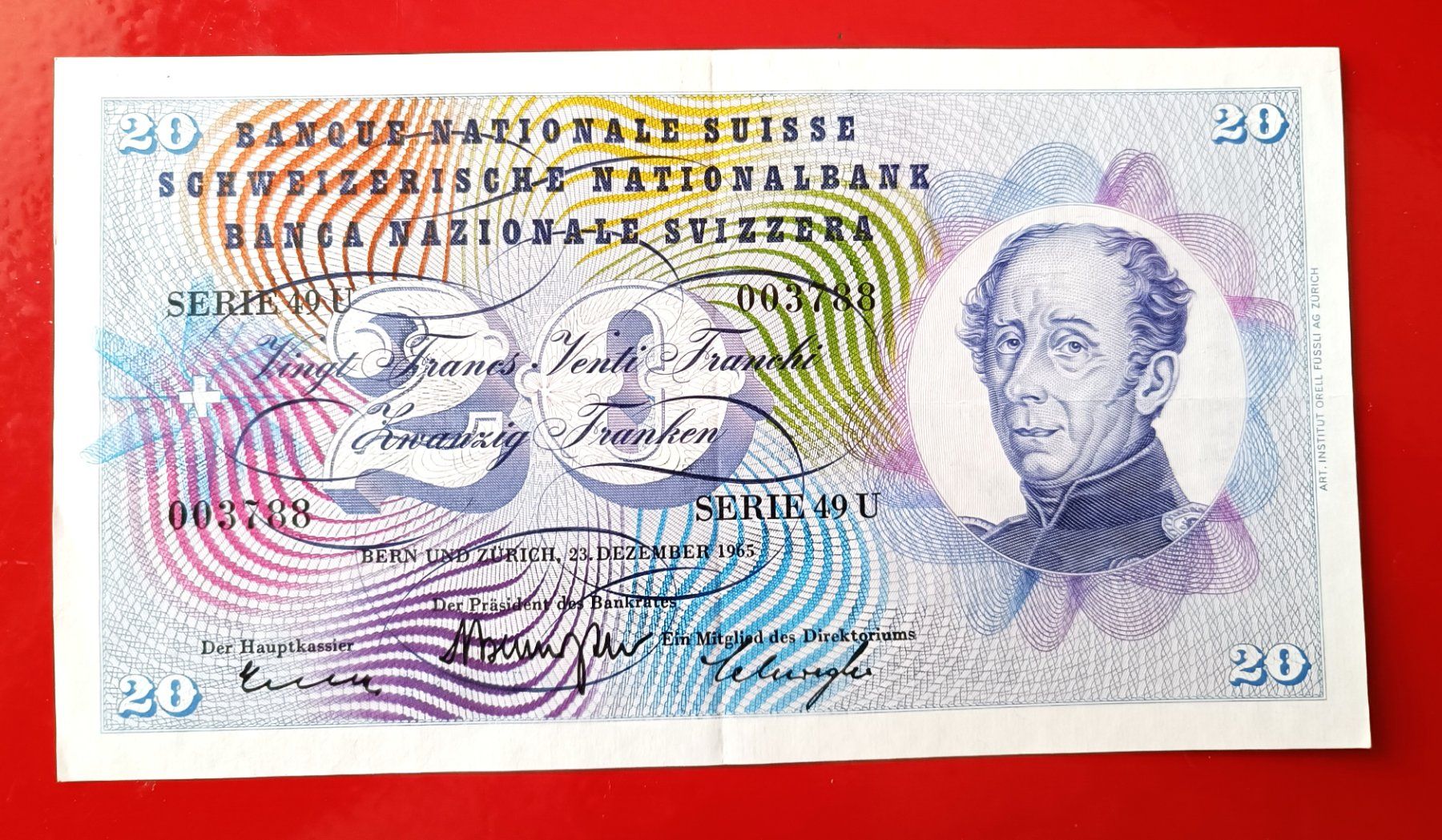 Banconote: Schweizer NOTE 20  FR Typ General Dufour  23 Dezember.  1965 – Usato da Glis venduto da MYS-Wallis2020 2