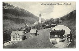 Gruss aus Somvix (GR) Surselva - Dorfpartie - Kirche um 1915