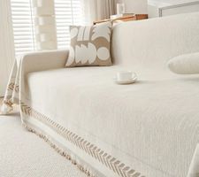 Sofaüberwurf beige mit Blattmuster und Fransen neu