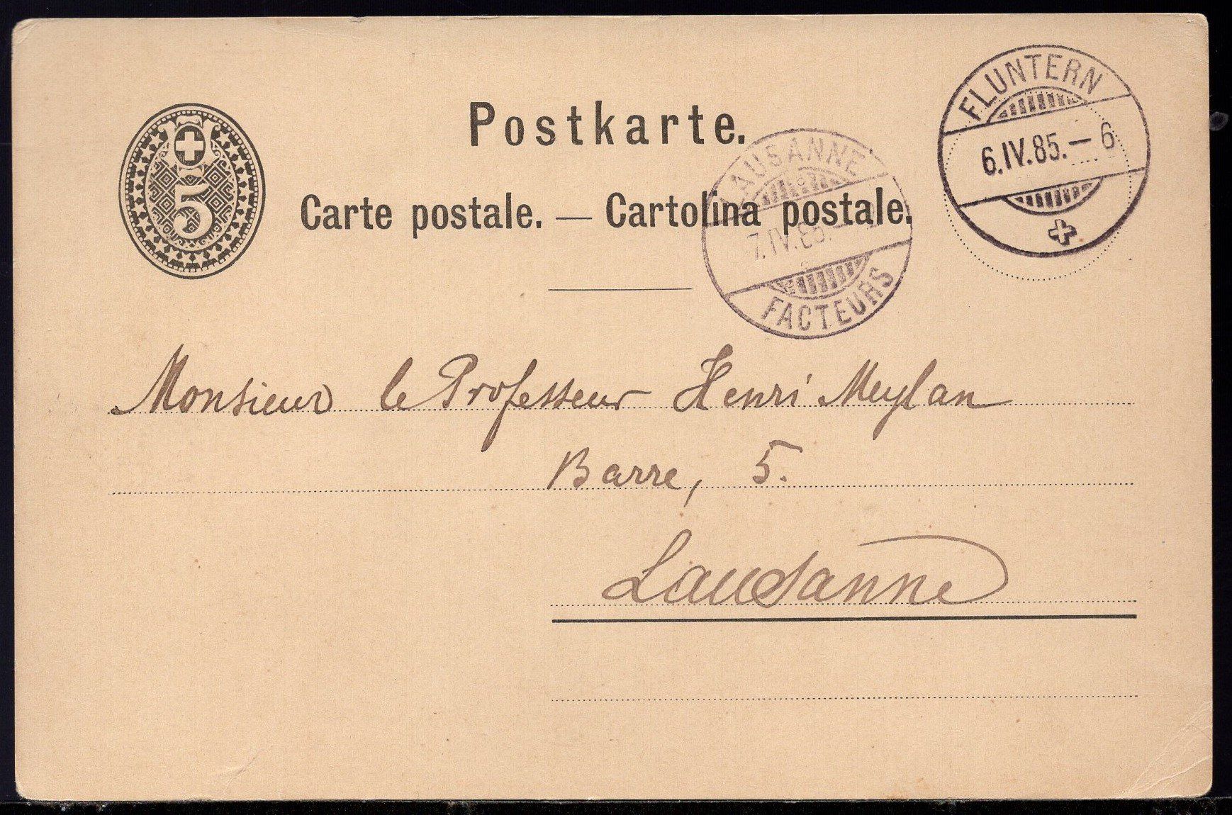 Tutti i francobolli: FLUNTERN 6.IV.85  - LAUSANNE 7.IV.85  Postkarte – Usato da Aarau venduto da kufi44