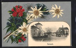 Reinach, Ortspartie mit Strassenbahn, Pa