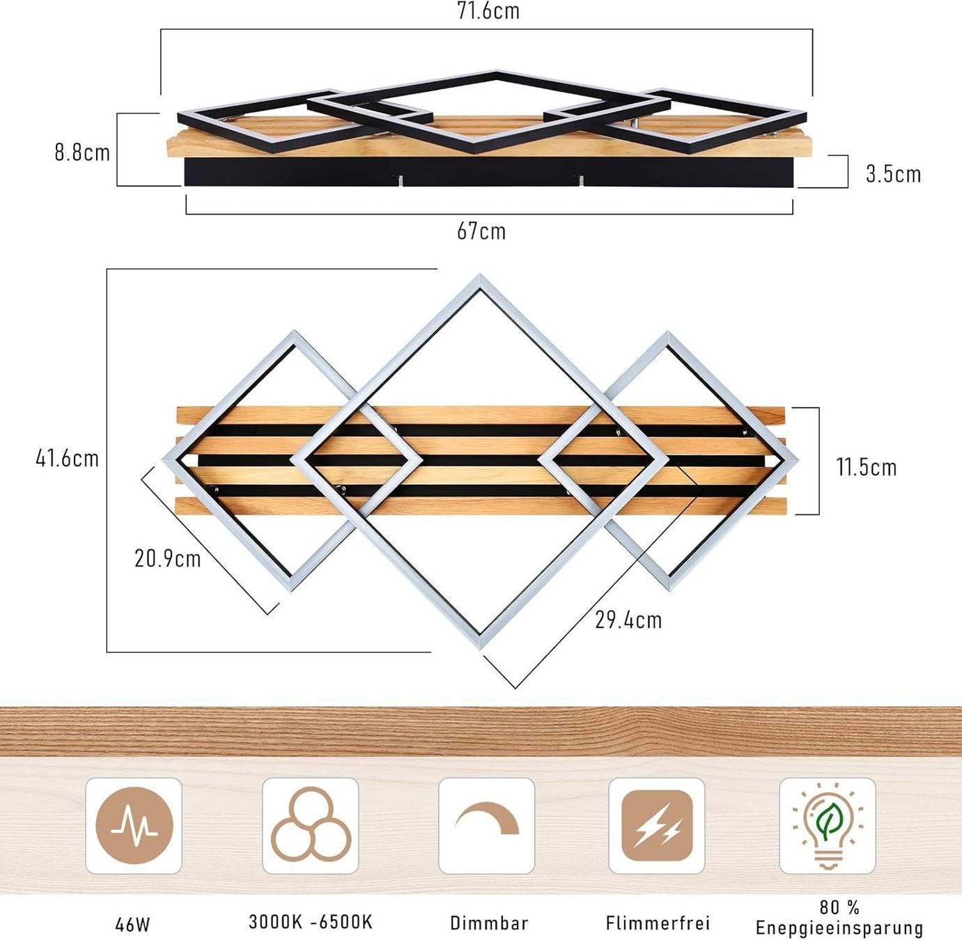 Lampadari & plafoniere: LED Deckenleuchte Holz 70cm Dimmbar 46W Schwarz Eckig – Nuovo e nell'imballaggio originale da Schaffhausen venduto da tra_6j5m 2