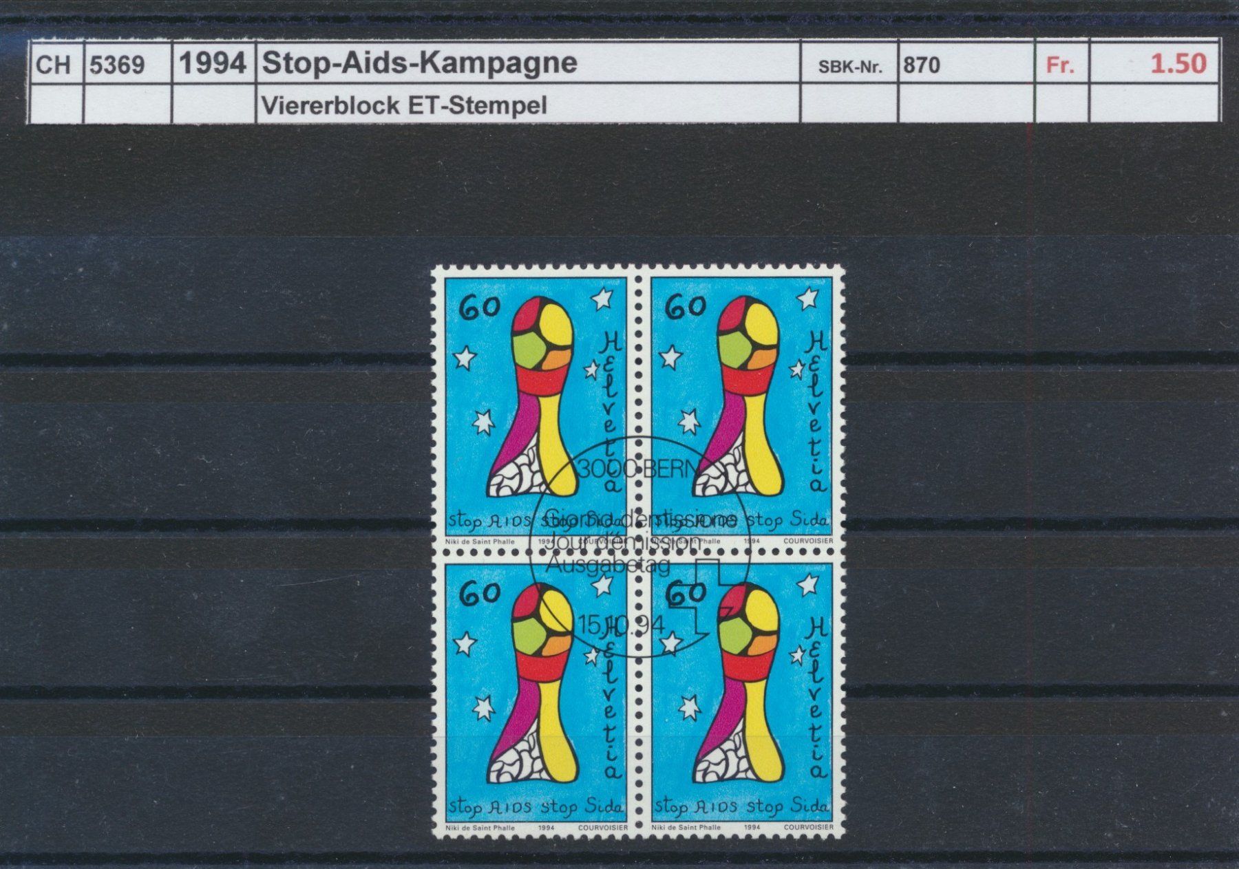 Alle Briefmarken: 1994 "Stop-Aids-Kampagne", Viererblock, ET - Stempel – Gebraucht aus Winterthur von Zupogeru
