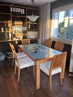 Edler Echtholz-Esstisch mit Design-Glasplatte & 6 Stühlen