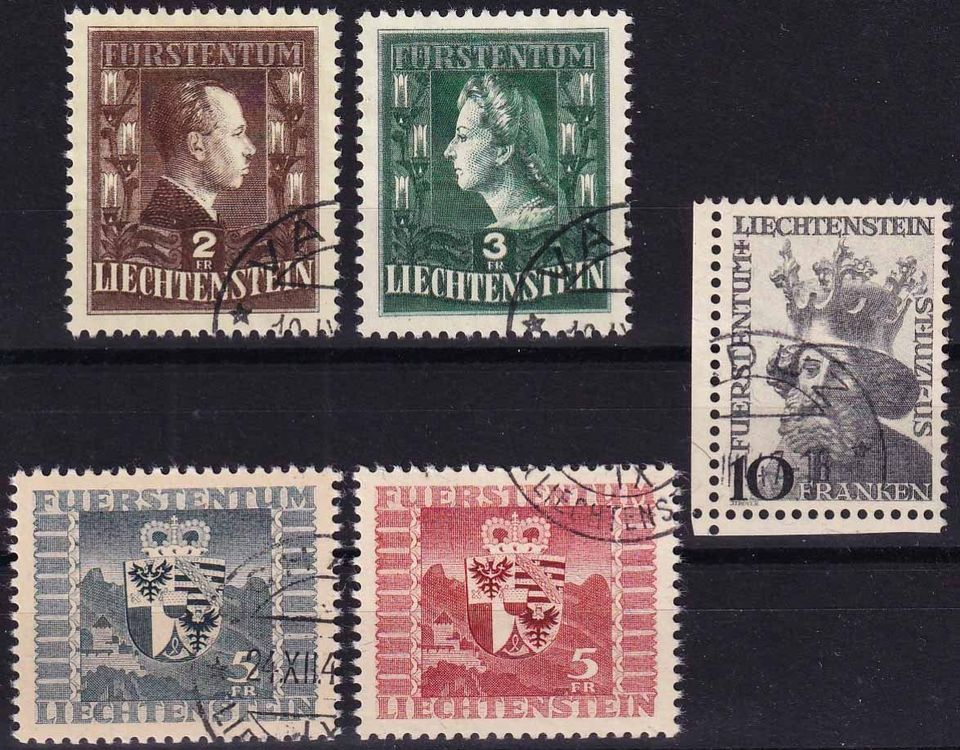 Tutti i francobolli: 1944/46 LIE, Hohe Werte Nr. 202-206, gestempelte Serie. – Usato da Aesch BL venduto da toffifee09