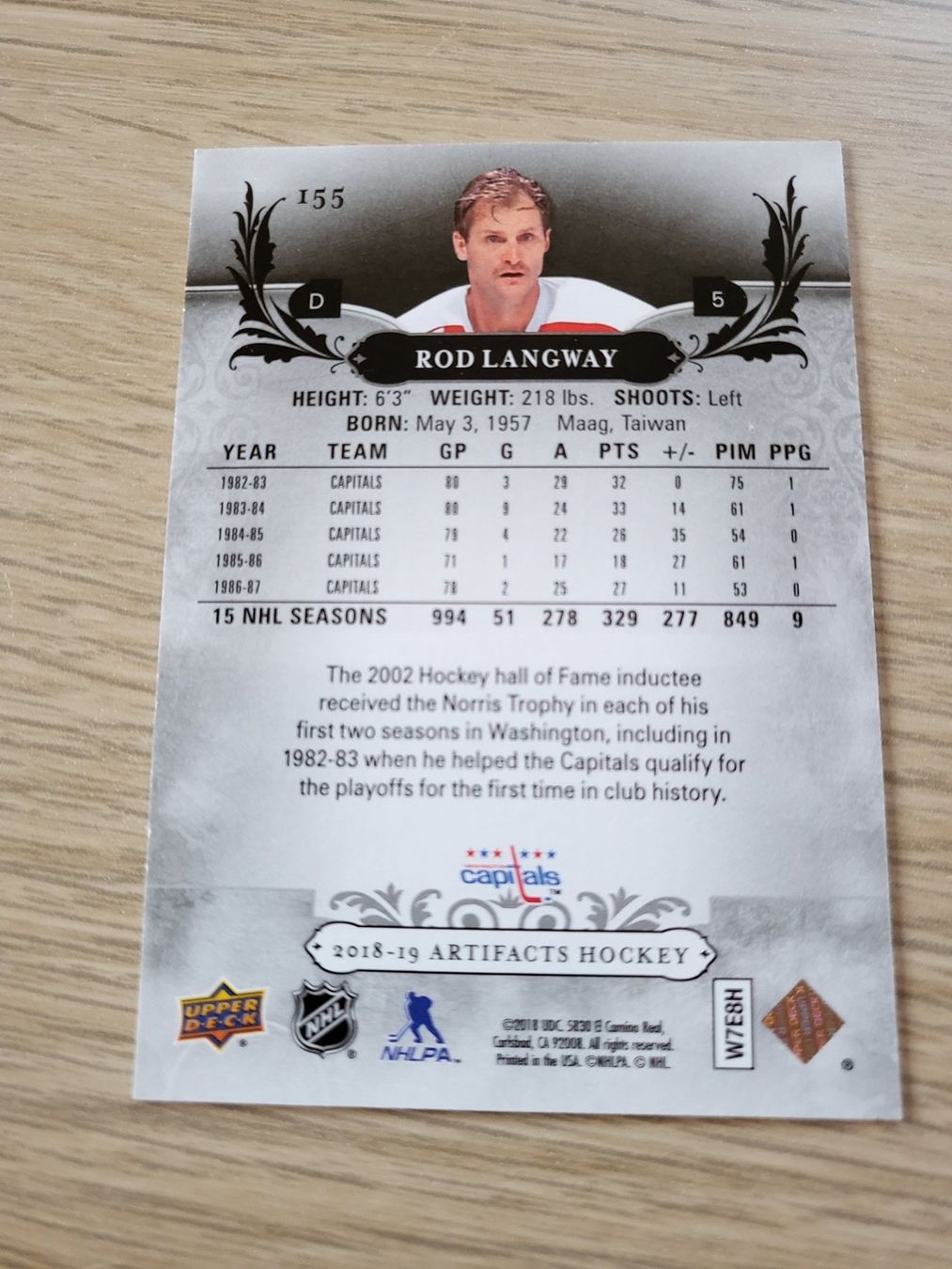 NHL Carte collezionabili: Rod Langway /349 UD ARTIFACTS ,2018/19 – Usato da Boltigen venduto da Calagero 1