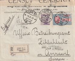 Italien-Zensur-Einschreibe-Brief von COMO in die Schweiz1918