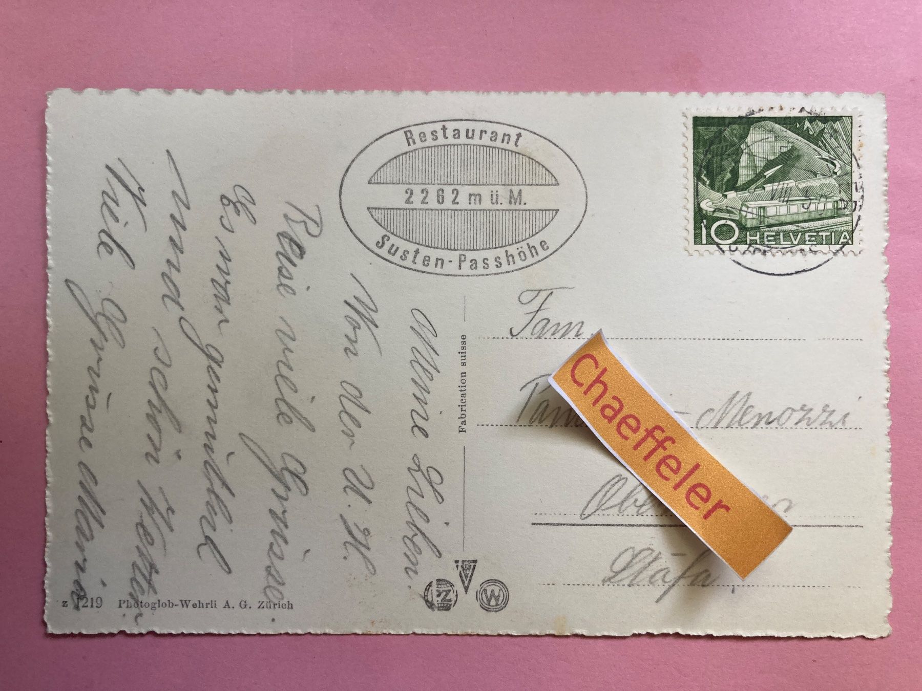 Cartoline postali: 1956 Hotel Steingletscher an der Sustenstrasse. – Usato da Zürich venduto da Chaeffeler 1