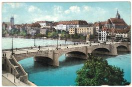 AK Basel, Mittlere Rheinbrücke 1908, gelaufen nach Rheineck