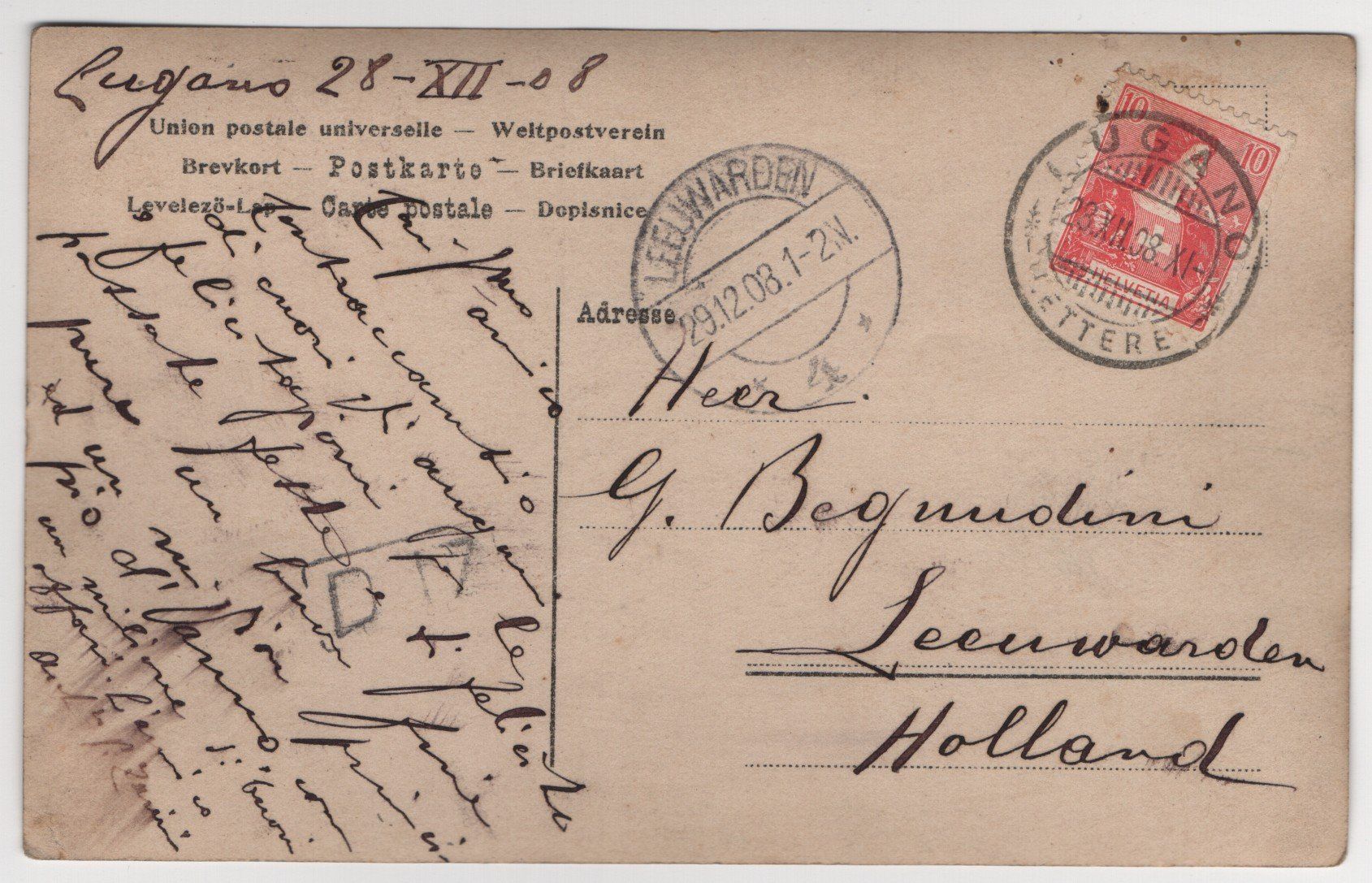 Cartoline postali: Ansichtskarte Lugano nach Holland 28.XII.08 – Usato da Gordola venduto da tist 1