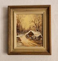 Älteres, hübsches kleines Ölbild: Winterszene Haus im Wald