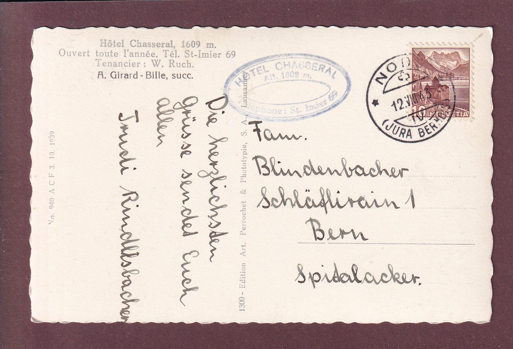 Cartoline postali: Souvenir du CHASSERAL - 1943 – Usato da Pully venduto da nicecards 1