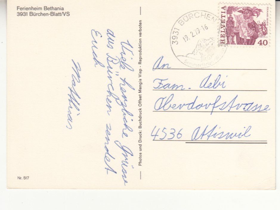 Cartoline postali: Bürchen 1979 – Usato da Bürglen TG venduto da StampGraf 1
