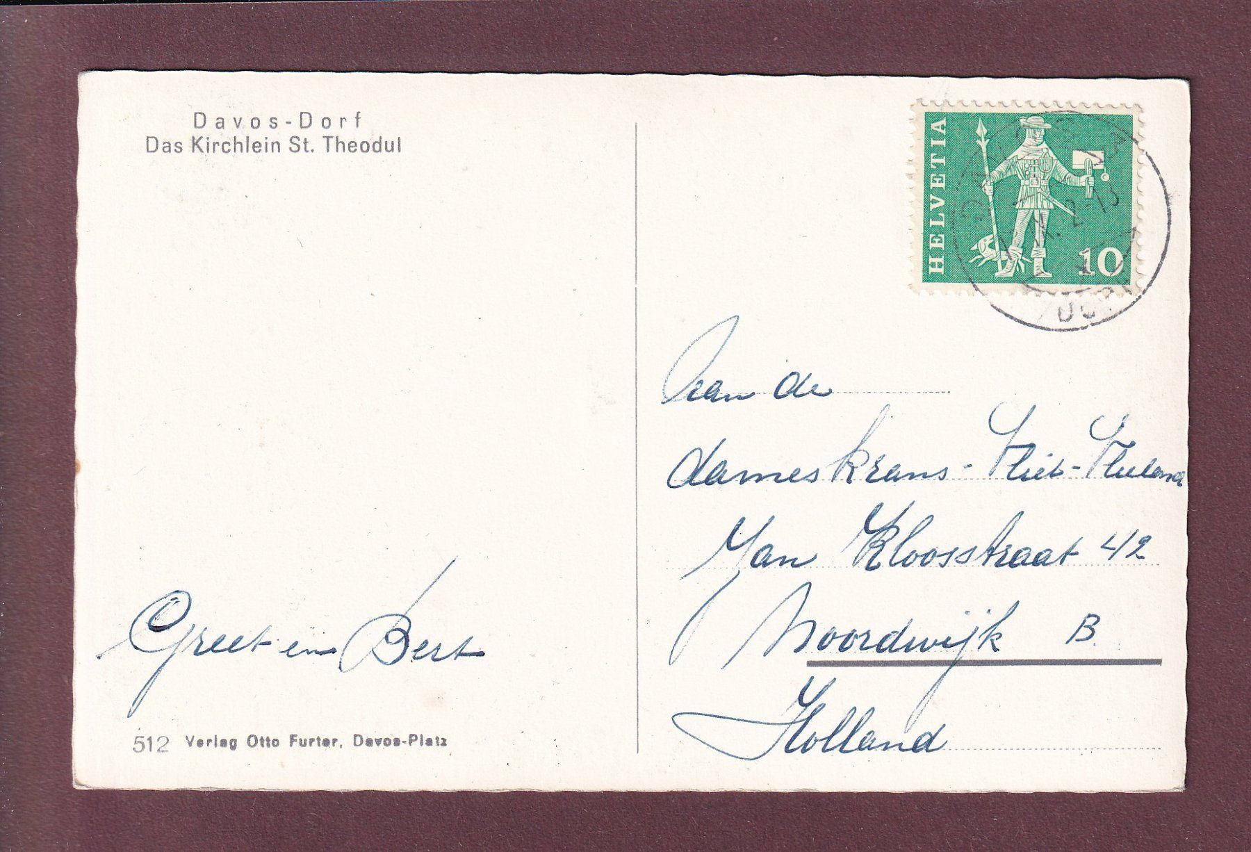 Cartoline postali: DAVOS-DORF - Kirchlein St. Theodul - 1962 – Usato da Pully venduto da nicecards 1