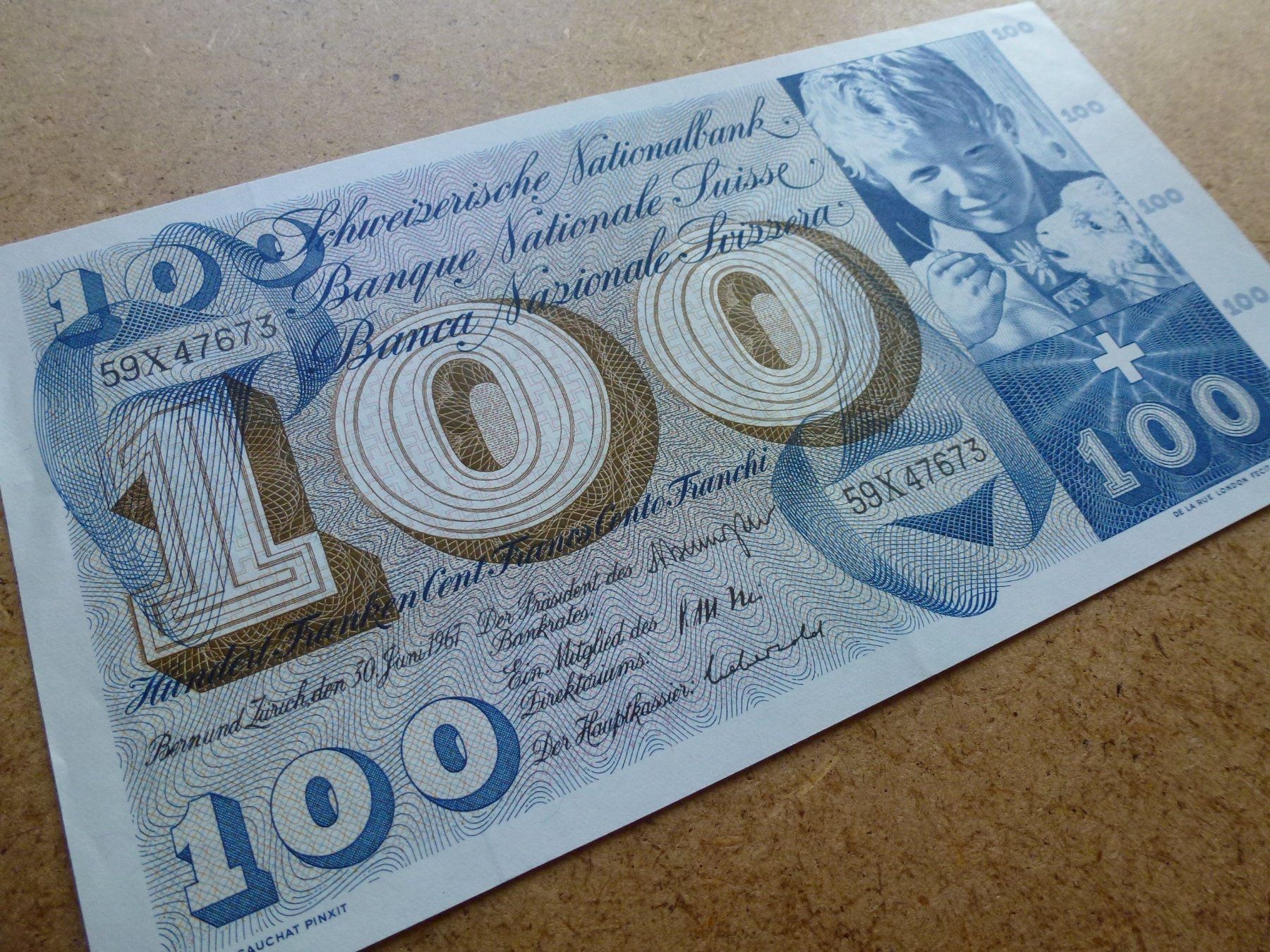 Banknoten: ++ 100.- Franken 30. Juni 1967 – Gebraucht aus Walkringen von Casablanca777 1