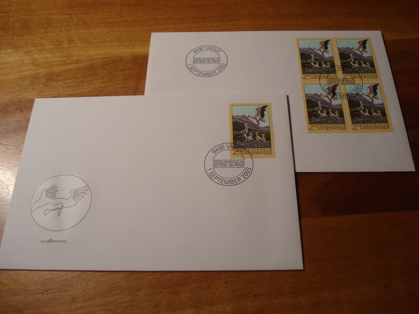 Alle Briefmarken: Liechtenstein 2003, Störche, FDC Einzel + 4erblock – Gebraucht aus Niederwil AG von morostahu 1