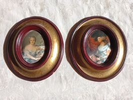 2 Ovale Holz Bilderrahmen mit Stoffbildern Vintage ohne Glas