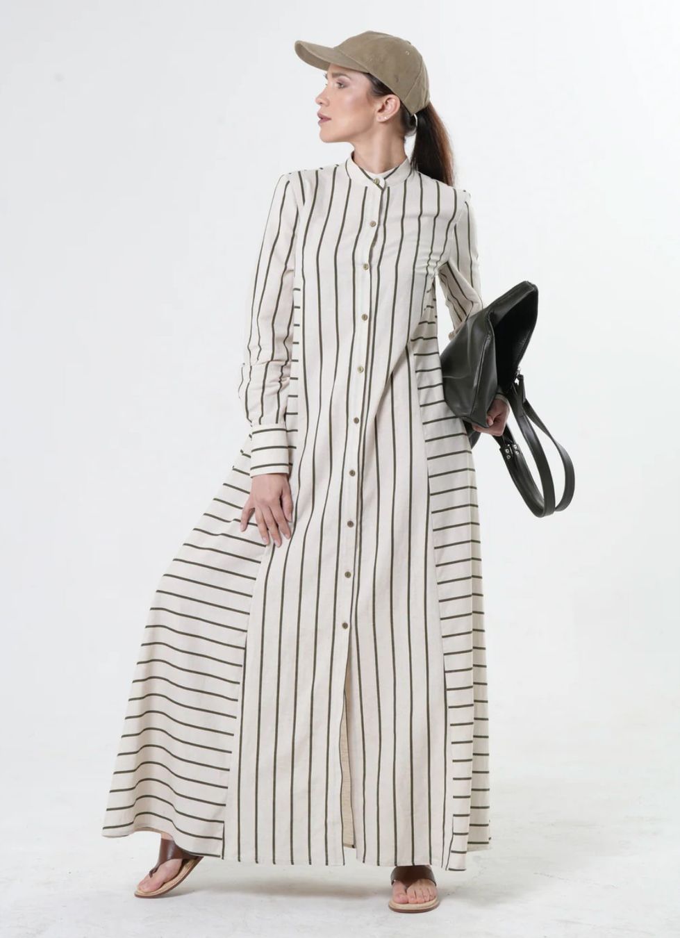 Vestiti: Maxi -Leinenkleid mit khakifarbenen-Streifen - Designermode – Nuovo e nell'imballaggio originale da Zürich venduto da Naebeli 2