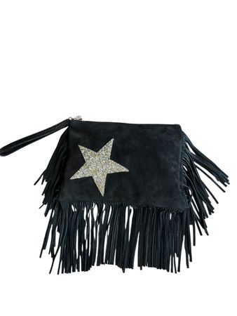Schwarze Wildleder Clutch mit Stern und Fransen, neu!