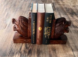 Vintage Buchstützen "Löwe" handgeschnitzt aus Holz