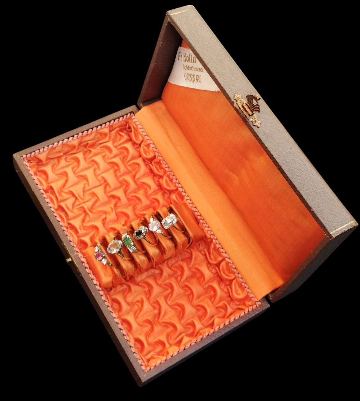 Portagioie: Antike Ringbox Schmuckbox Koffer Braun mit Seide Orange – Usato da schwyz venduto da larry91sz 6