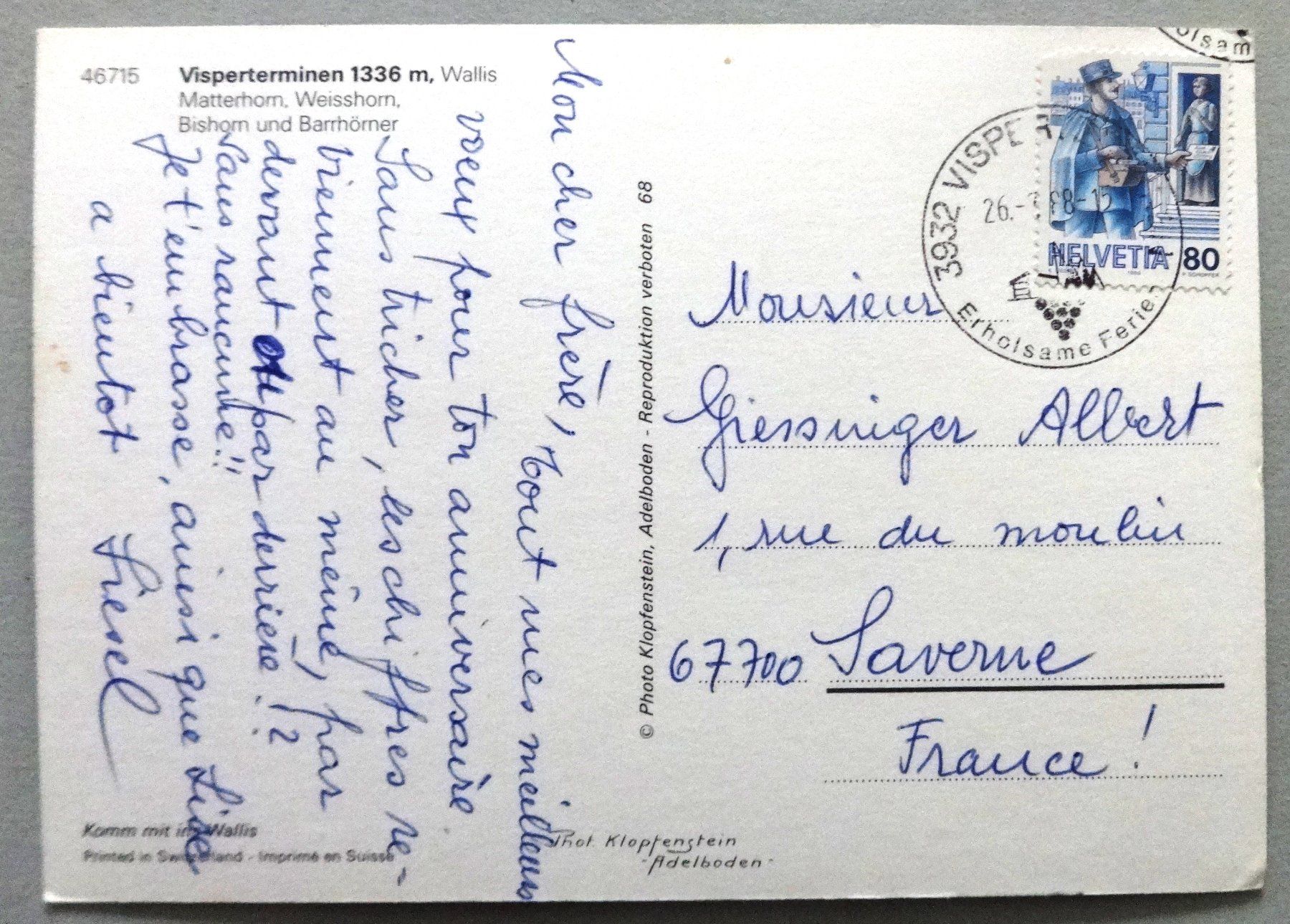 Cartes postales: Visperterminen 1336 m – D'occasion à Fétigny par Billy2miny 1