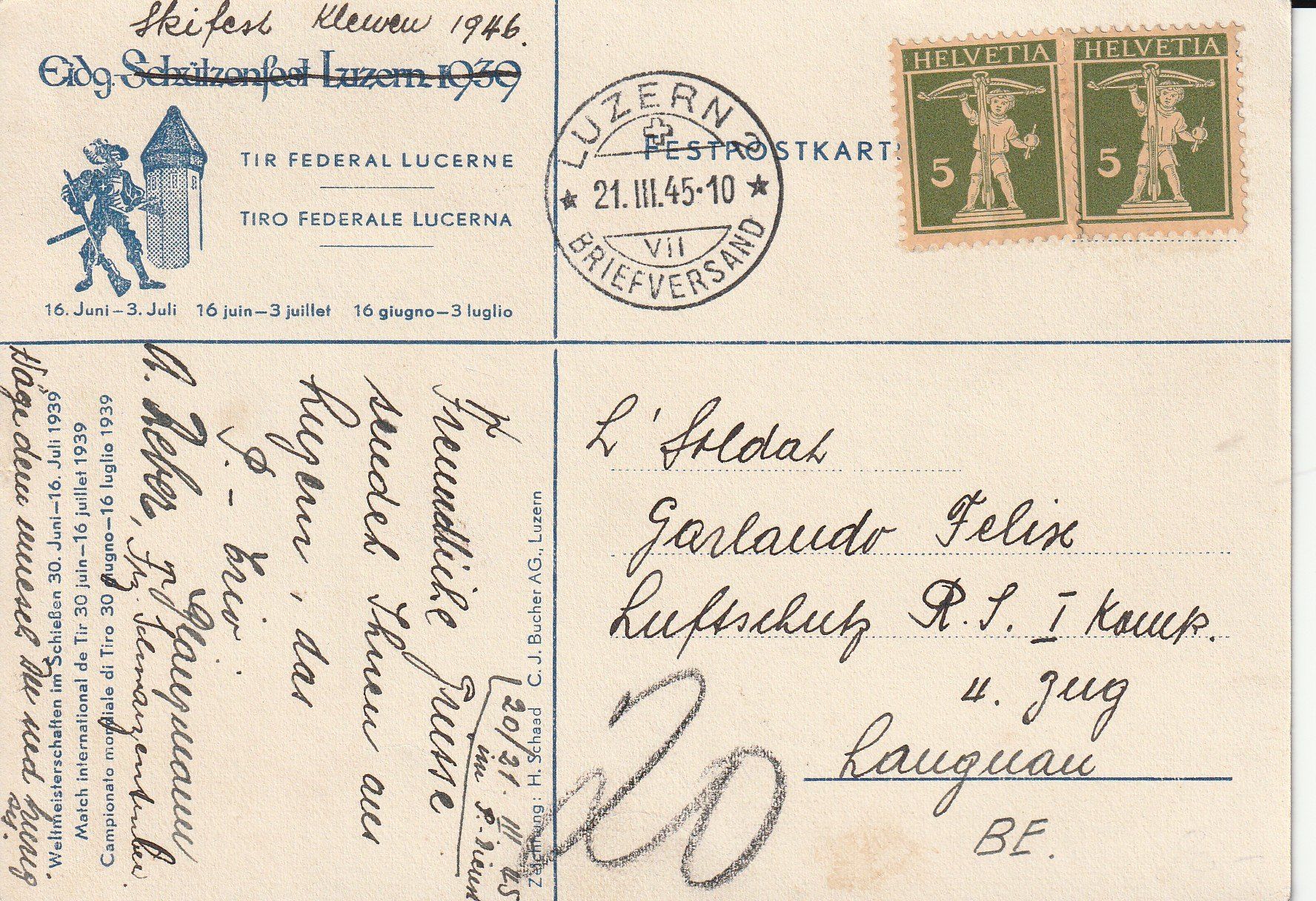 Cartoline postali: Eidg. Schützenfest Luzern 1939 – Usato da Crémines venduto da clifden92 1