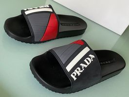 PRADA Logo Pantoletten Gummi Slide Slippers Sandale 44 NEUE