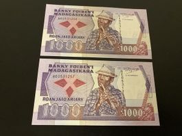 2 x1000 Francs froulaufenummer bankfrisch