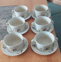 6 Suppentassen mit Unterteller Blumenmuster beigebraun