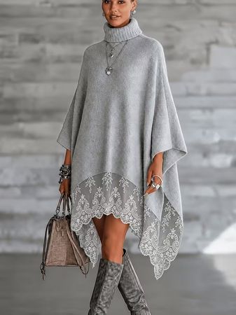 Damen Poncho grau mit Rollkragen und Spitze 🩶 🩶